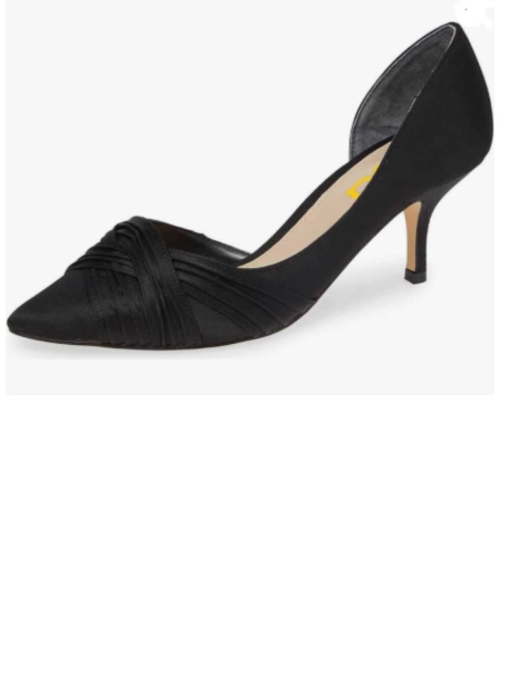 FSJ Black Satin Kitten Heel Pointed Toe Slip on Pumps D'Orsay Pleated Satin Shoe